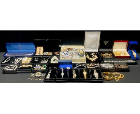 A selection of costume jewellery and watches; the watches include; a ladies Rotary mother of pearl dial quartz watch with bra