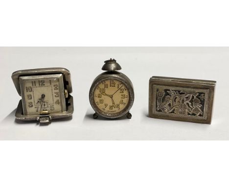 An Art Deco silver cased travel watch, square dial with subsidiary seconds dial, engine turned cushion form case, Sopho 15 je