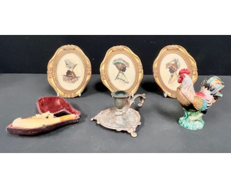 A 19th century German meerschaum pipe, carved a two rearing horses, cased; an enamel trinket box, as a rooster; a set of thre