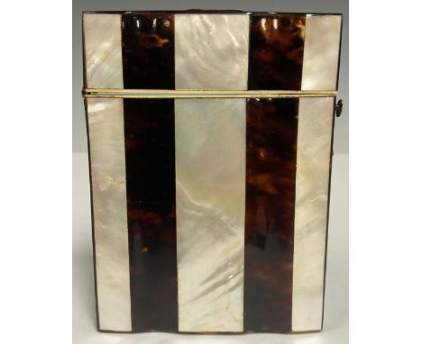 A Victorian Tortoiseshell and Mother of Pearl card case, fluted, navy blue fabric liner, measures approx. 10.5cm in length x 