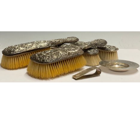 Silver - a silver money clip, London 1907; silver vanity brushes; a silver circular pin dish, Prince of Wales, Lady Diana, Lo
