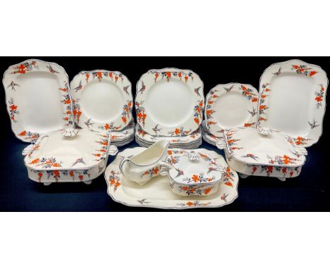 A J &amp; G Meakin Silver-Wings pattern dinner set inc two tureens and covers, plates, bowls, etc qty c.1930