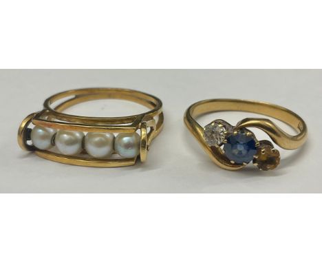 Unmarked Yellow Metal four single row Cultured Pearl ring and an 18ct Gold Sapphire and Diamond ring A/F (missing diamond), t