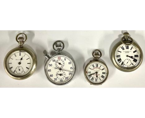 A WWI period military pocket watch, white dial, bold Roman numerals, subsidiary seconds, stem wind 7 jewel movement, 56mm dia