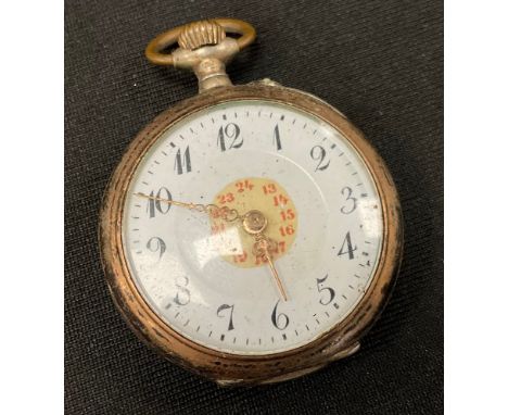 An early 20th century Continental silver and gold coloured metal fob watch, halbmond und krone mark, 800 standard, c.1910