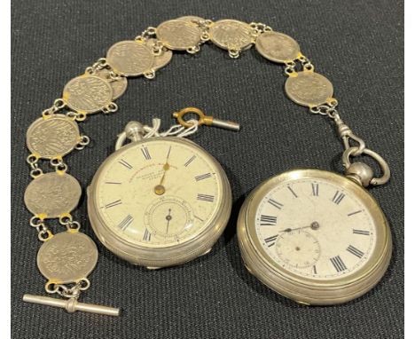 A Victorian silver pocket watch, cream dial, marked Chronometer Balance, Fleming Bros, Banbridge, 19071, Roman numerals, key 