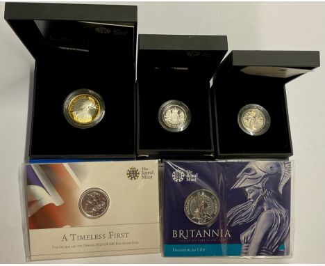 An Elizabeth II Royal Mint silver proof coin, Britannia 2015 UK £50 Fine Silver Coin, 31g, sealed presentation pack; others, 