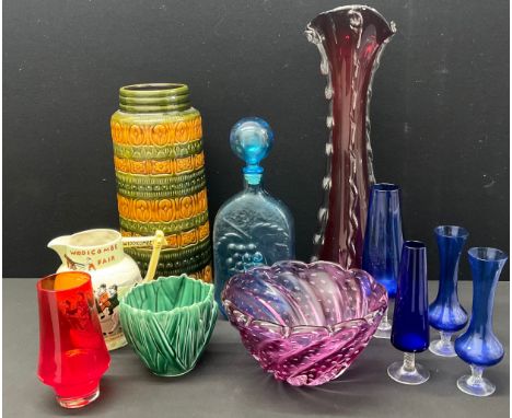 Decorative Ceramics and Glass - Scandinavian glass vases; a West German lava vase; a Sylvac vase; a Crown Devon Widdicombe Fa