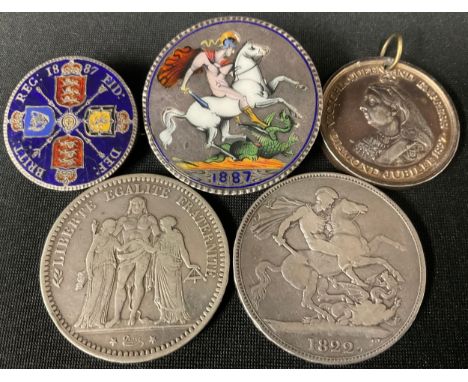 Coins - a George IV silver crown, 1822; a 5 Franc coin, 1873; a Victorian enamelled silver crown, mounted as a brooch; anothe