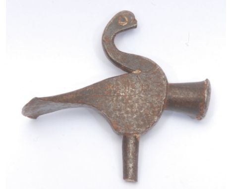 A 19th century Persian or North Indian bronze hammer head, for flint knapping, cast as a peacock, 7.5cm high, 8.5cm long