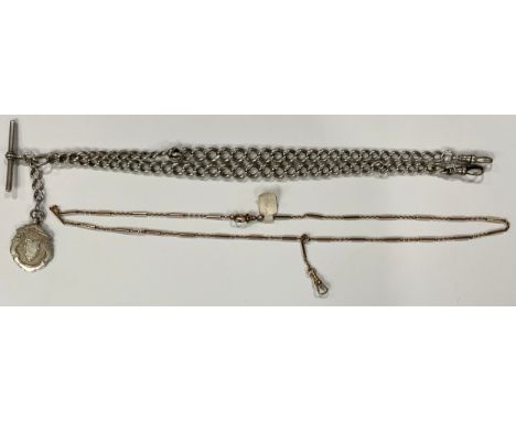 A graduated link silver double albert chain, Tbar and loop terminals, shield medal suspension, 53cm long, another rolled gold