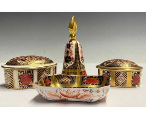 A Royal Crown Derby Imari 1128 pattern oval trinket pot and cover, solid gold band, 8.5cm wide, first quality; another 1128 o