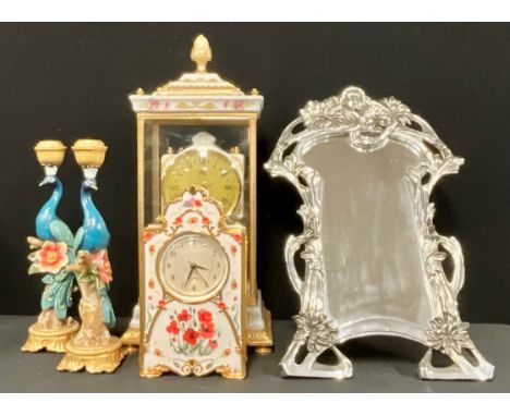 An Italian Alfa gilt metal mounted porcelain portico mantel clock, quartz movement, faux torsion type pendulum, rectangular g