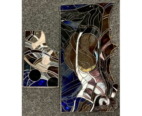 Art Glass - a large contemporary dual level stained glass shaped panel, depicting a stylised horse, in various tones, 49cm x 