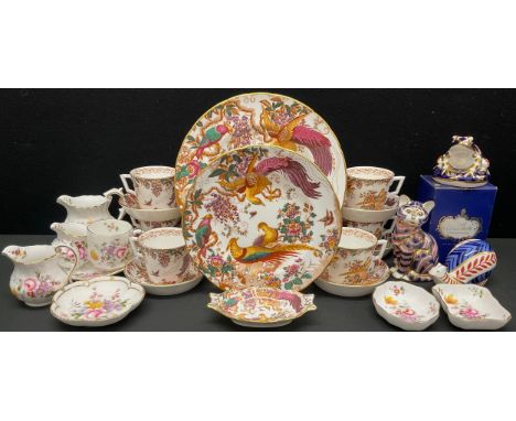Royal Crown Derby - three paperweights, Snail, boxed, Frog and seated cats, part seconds;  six Red Avesbury pattern cups and 