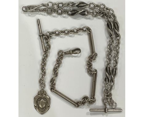 An unusual silver double Albert chain, spiral spring and oval links, Tbar and loop terminals. 40cm long; another single, elon