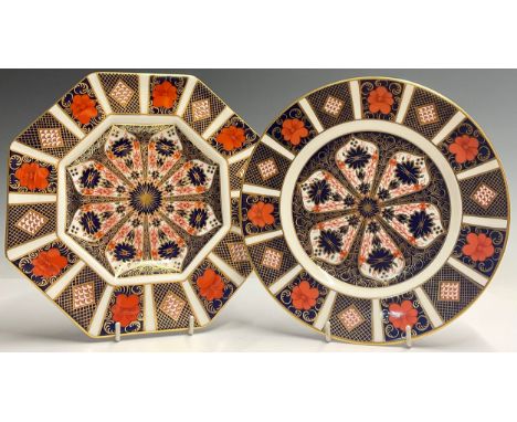 Royal Crown Derby - an 1128 Imari octagonal plate, 23.2cm wide, similar circular plate, 21.5cm diameter, both first, printed 