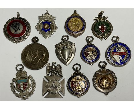 Silver enameled &amp; silver gilt sporting medals inc Liverpool Business Houses sports association, Bootle Football League, Y