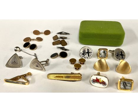A pair of oval 10ct rose gold plain panel cufflinks, stamped 10ct, 93-3, B 9, 8.5g gross others 9ct gold on silver; white met