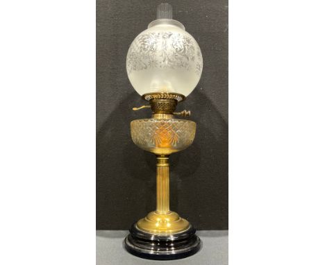 A Victorian brass and cut glass oil lamp, frosted glass shade, stepped foot, 60cm high overall