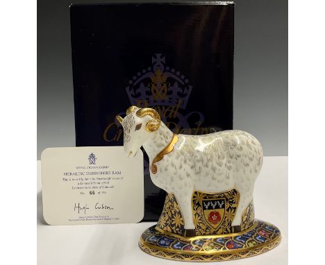 A Royal Crown Derby paperweight, Heraldic Derbyshire Ram, the first of a pair of paperweights inspired by the Derbyshire coat