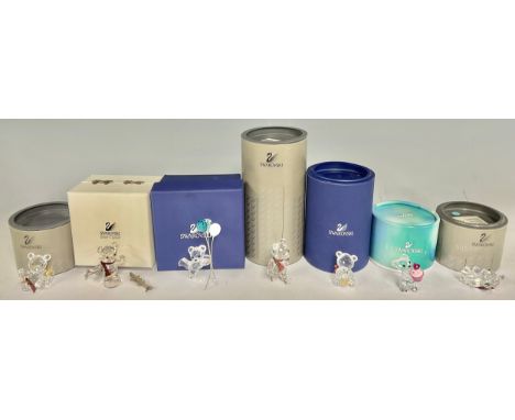 Swarovski silver crystal figures - Skier Bear, Balloons bear,  Champagne bear, Cup Cake, Skates etc, all boxed (7)