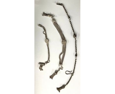 A fancy link unmarked silver coloured metal five strand Albertina watch chain bracelet tassel terminals, 22.5cm long;  anothe