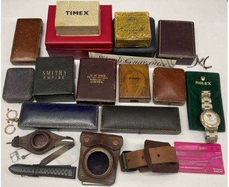 Horology Watch boxes  - including  black J W Benson, red Omega, Rolex green travel pouch, Timex card, Smiths Empire, Olive wo