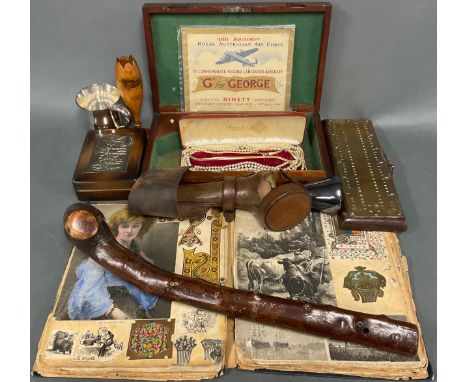 An Edwardian EPBM hunting flask, leather case;  Mahogany pistol box,  shillelagh, scrap album, etc