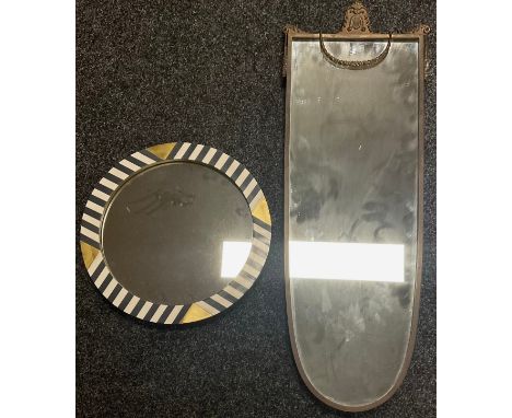 A bronze mounted wall mirror, 65.5cm, with swag cresting; round mirror in Art-Deco style, wood &amp; brass mounted frame glas