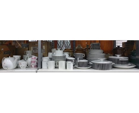 Part dinner service - Thomas, Germany - white with black chequered border and panels, including two tureens , dinner plates, 
