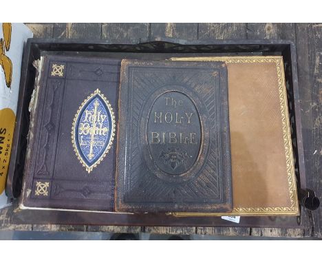 Holy Bible printed by Eyre and Spottiswoode , with another Holy Bible, both full leather, pictorial leather and another front