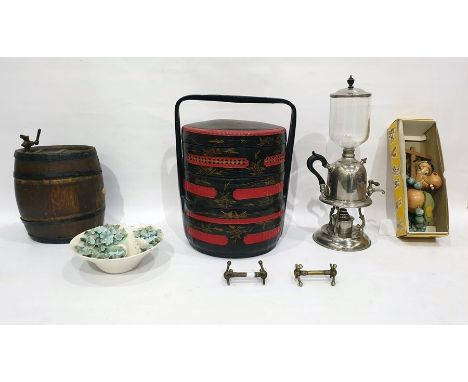 Oriental gilt decorated papier-mache three-section rice box, a metal bound and wooden spirit barrel, a Pelham puppet of 'Baby