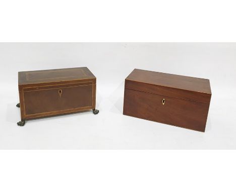 19th century mahogany tea caddy of plain rectangular form, the interior fitted with two caddies and with central well for mix