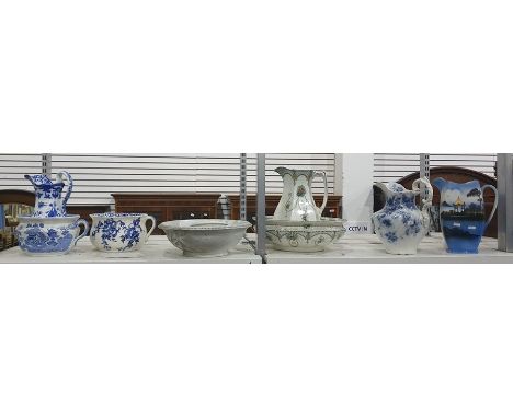 Matching Edwardian basin and ewer, three chambers pots, ewers and another basin (8)