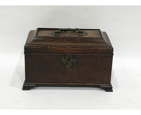 Georgian mahogany tea caddy of rectangular form, with caddy top and bracket feet, brass carrying handle, 26cm long 