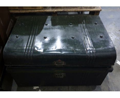 Assorted cushion covers, remnants, linen etc. all within a tin trunk printed to look as crocodile