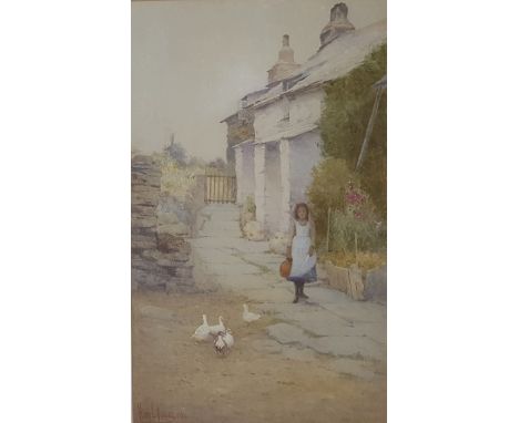 Harry E James (fl.1882-1912)Watercolour Girl feeding ducks in front of a cottage, signed and dated 96 lower left, 36cm x 22cm