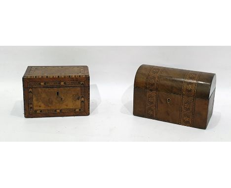 Victorian walnut tea caddy of rectangular form, with domed cover, decorated with bands of parquetry inlay and another tea cad