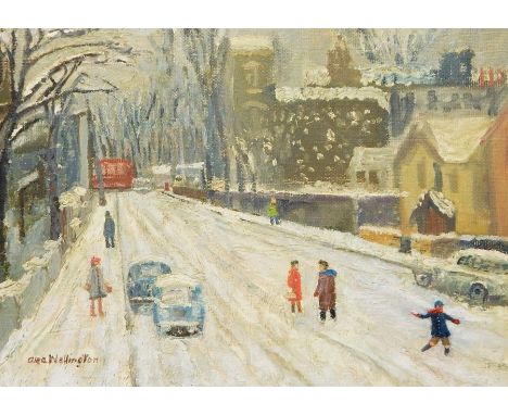 Alec Wellington Oil on board "Aberdeen Park 1963", signed lower left, bears City of London Art Exhibition label verso, 31cm x