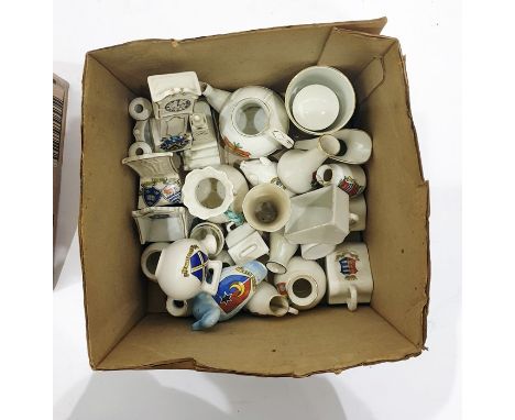 Quantity of crestedware china including a Carlton china jug, bearing the Arms of Gloucester, an Arcadian model of a pair of b