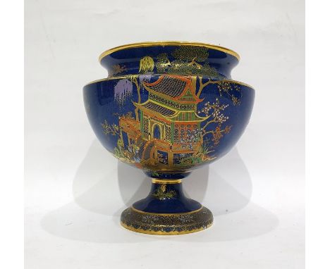 Carltonware pedestal bowl decorated with pagoda scenes, on a blue ground (unmarked), 17cm high 