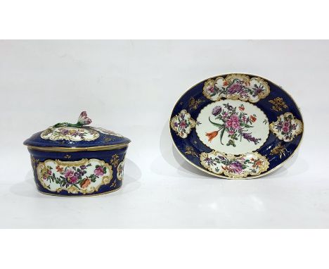                                     18th century Worcester porcelain oval box and cover, the blue scale ground bearing shaped