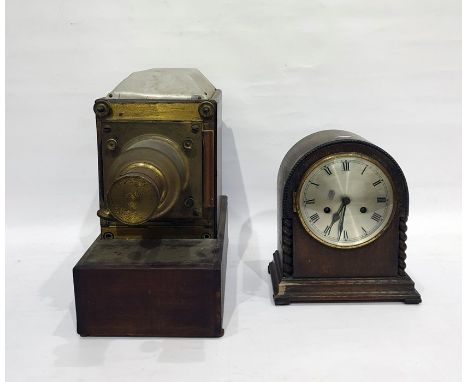 Wood and brass magic lantern with electric conversion and an oak mantel clock in arched case, with striking movement (2) 