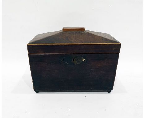 19th century rosewood tea caddy of sarcophagus-shape, with boxwood stringing and lion's mask handles, 20cm wide 