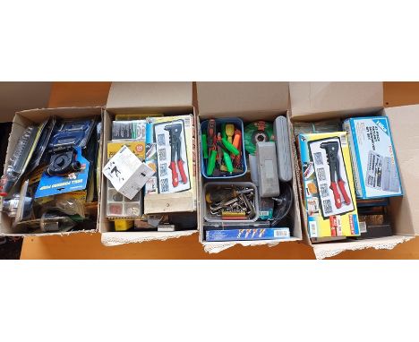 Four boxes of various tools and accessories including pop riveters, screwdrivers, plier sets and a plane (4 boxes) 