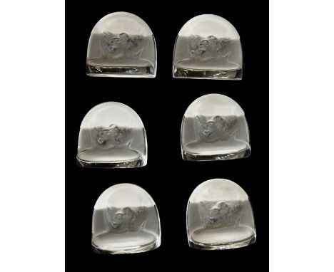 Set of six Lalique 'Pinsons' clear and opaque glass menu card holders, post 1924, each moulded with two finches and inscribed