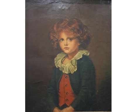 19th century English school Oil on canvasStudy of a young child with white rough blue jacket and a red waistcoat, half-length