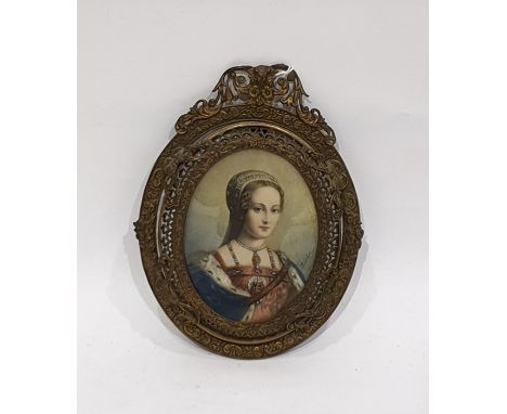 H Boudier Portrait miniature Head and shoulders portrait of Elizabethan lady, signed, oval, 7.5cm x 6cm and the embossed and 