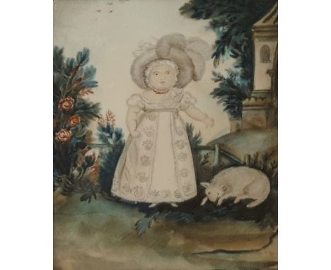 19th century British schoolPencil and watercolour Portrait of a young girl with a lamb at her feet in a garden setting, inscr